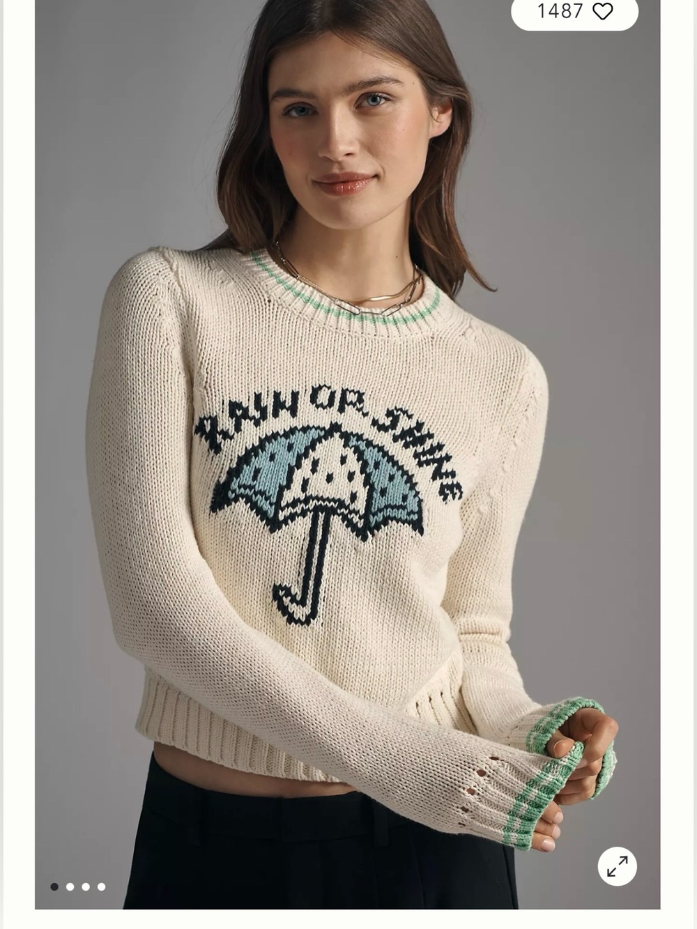 Maeve Anthropologie Cotton Linen Umbrella Graphic Cropped Sweater - Picture 1 of 6